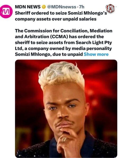 Somizi Mhlongo’s company faces asset auction over unpaid wages
